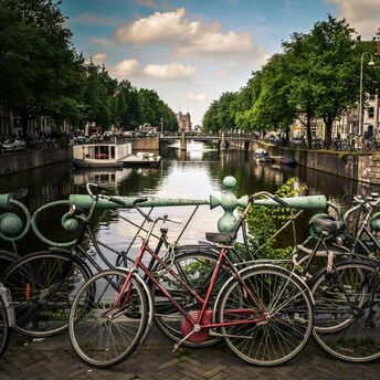 assorted color bicycles park beside blue rails near river