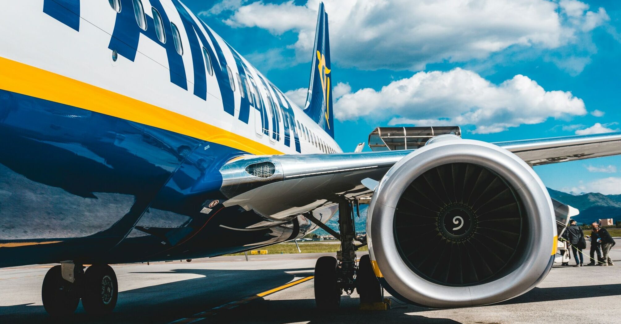 Close-up of Ryanair airplane on the runway