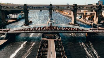 Aerial view of the High Level Bridge over the River Tyne with the Swing Bridge in the foreground