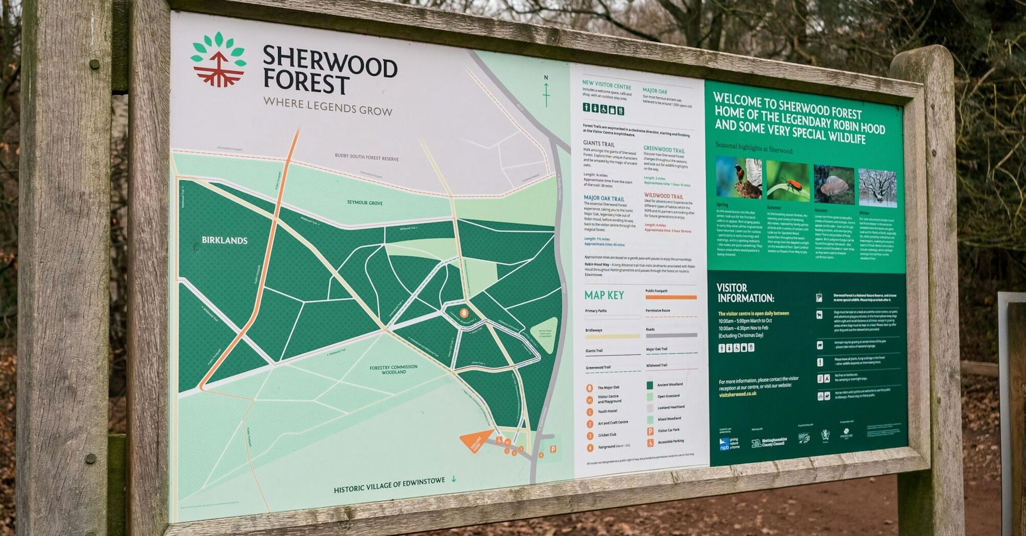 A detailed map of Sherwood Forest, highlighting the locations of key trails, visitor centers, and points of interest. The board also contains visitor information and highlights of seasonal wildlife in the forest