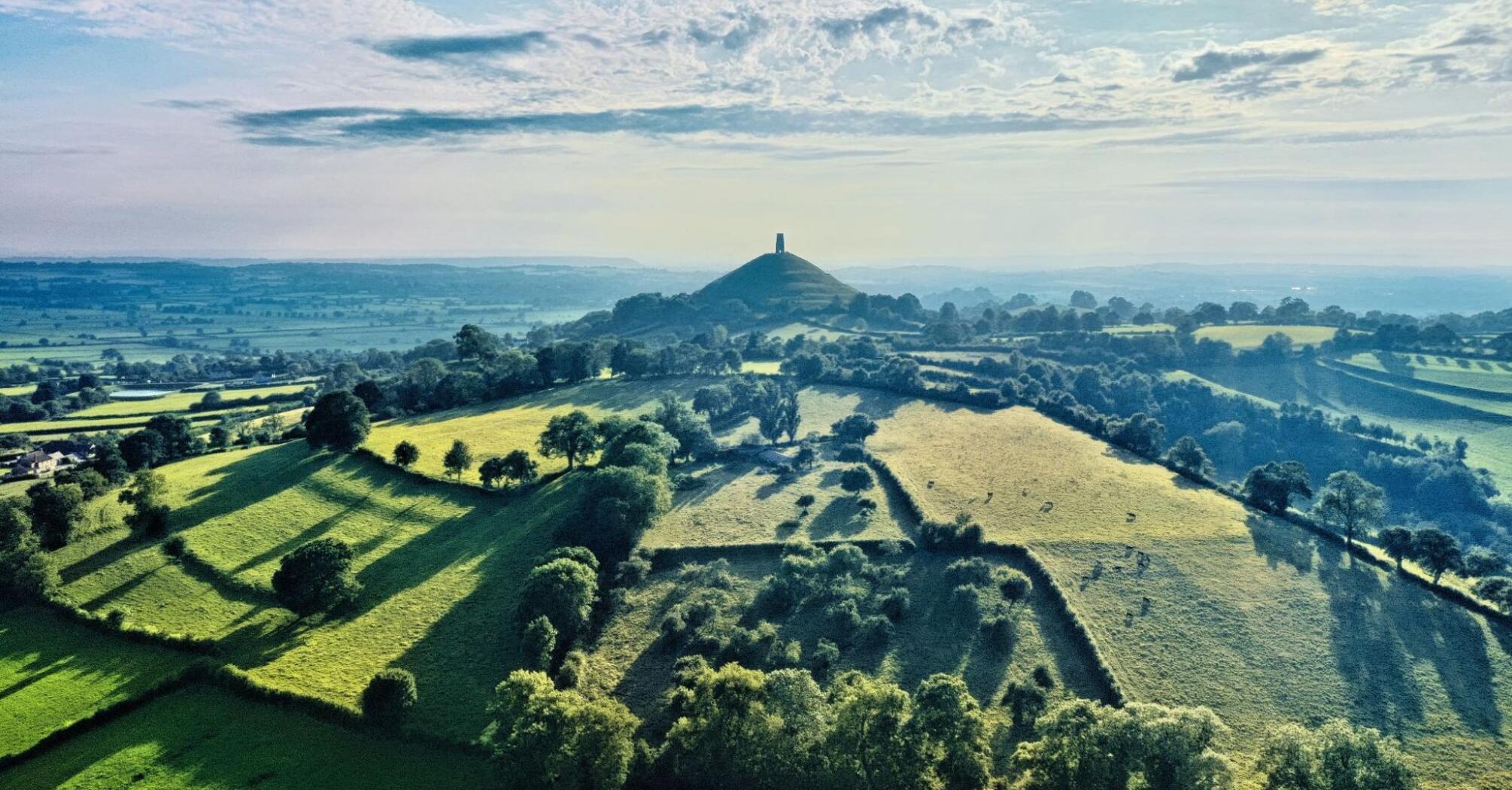 Drone take of Glastonbury Tor, a magical place
