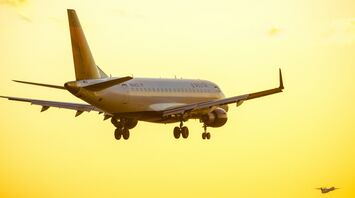 Delta Air Lines plane landing at sunset