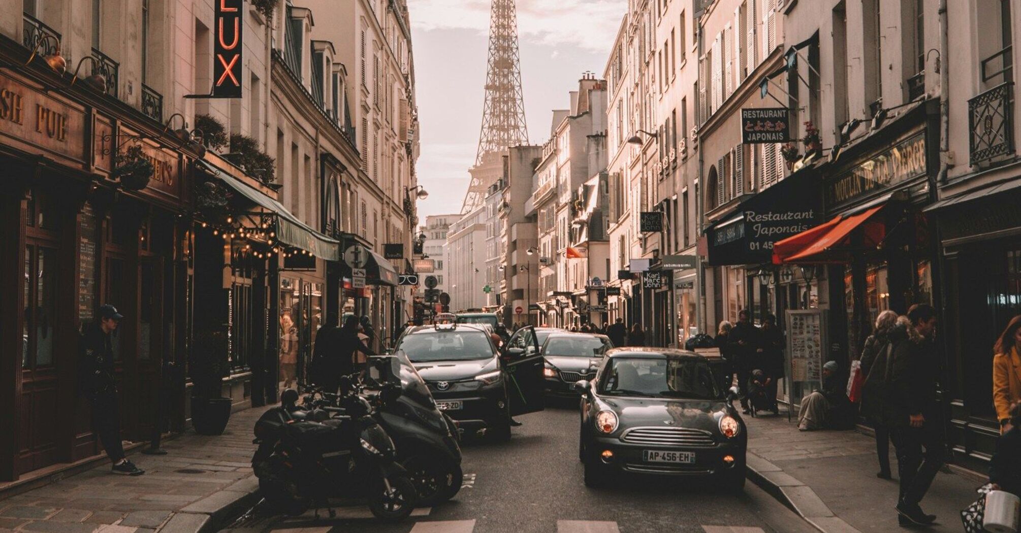 Street view of Paris with Eiffel Tower