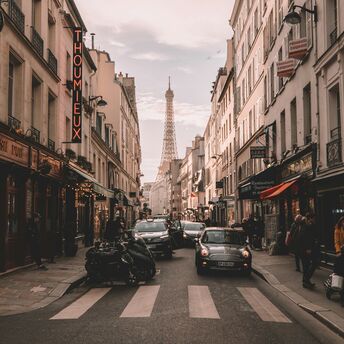 Street view of Paris with Eiffel Tower