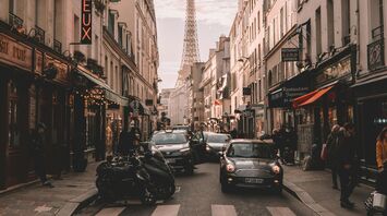 Street view of Paris with Eiffel Tower