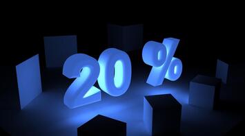 Glowing numbers 20% against the background of dark cubes