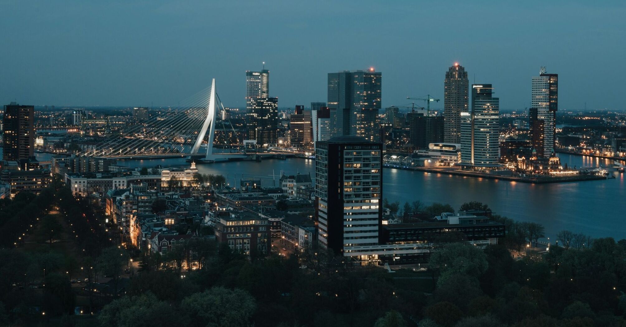 Rotterdam city skyline at night with illuminated buildings and Erasmus Bridge