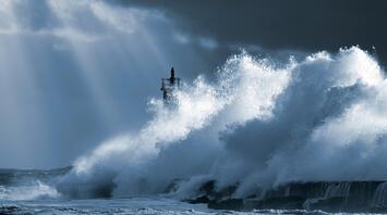 Powerful ocean waves crash against the lighthouse under a gloomy sky, creating a magnificent spray of water