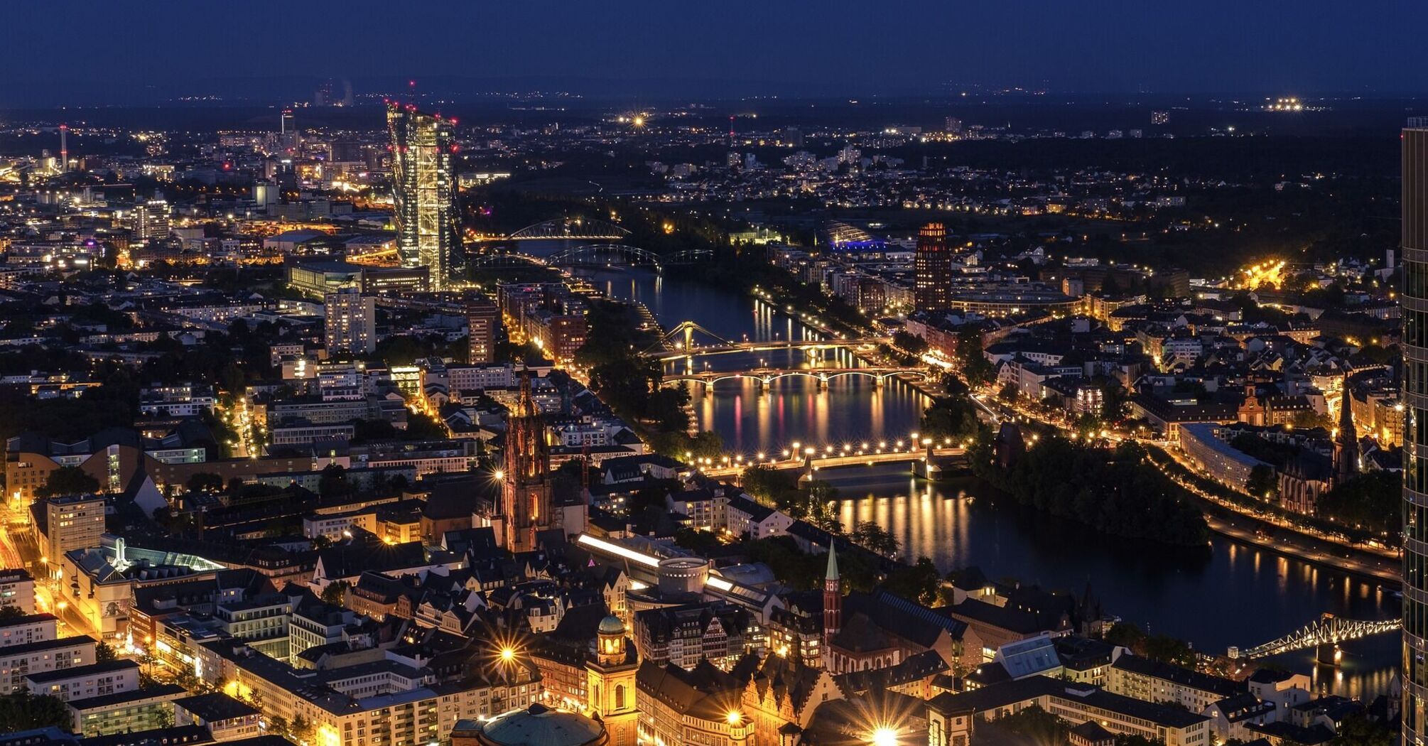 Night view of Frankfurt's illuminated skyline and river