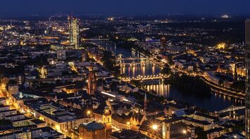 Night view of Frankfurt's illuminated skyline and river