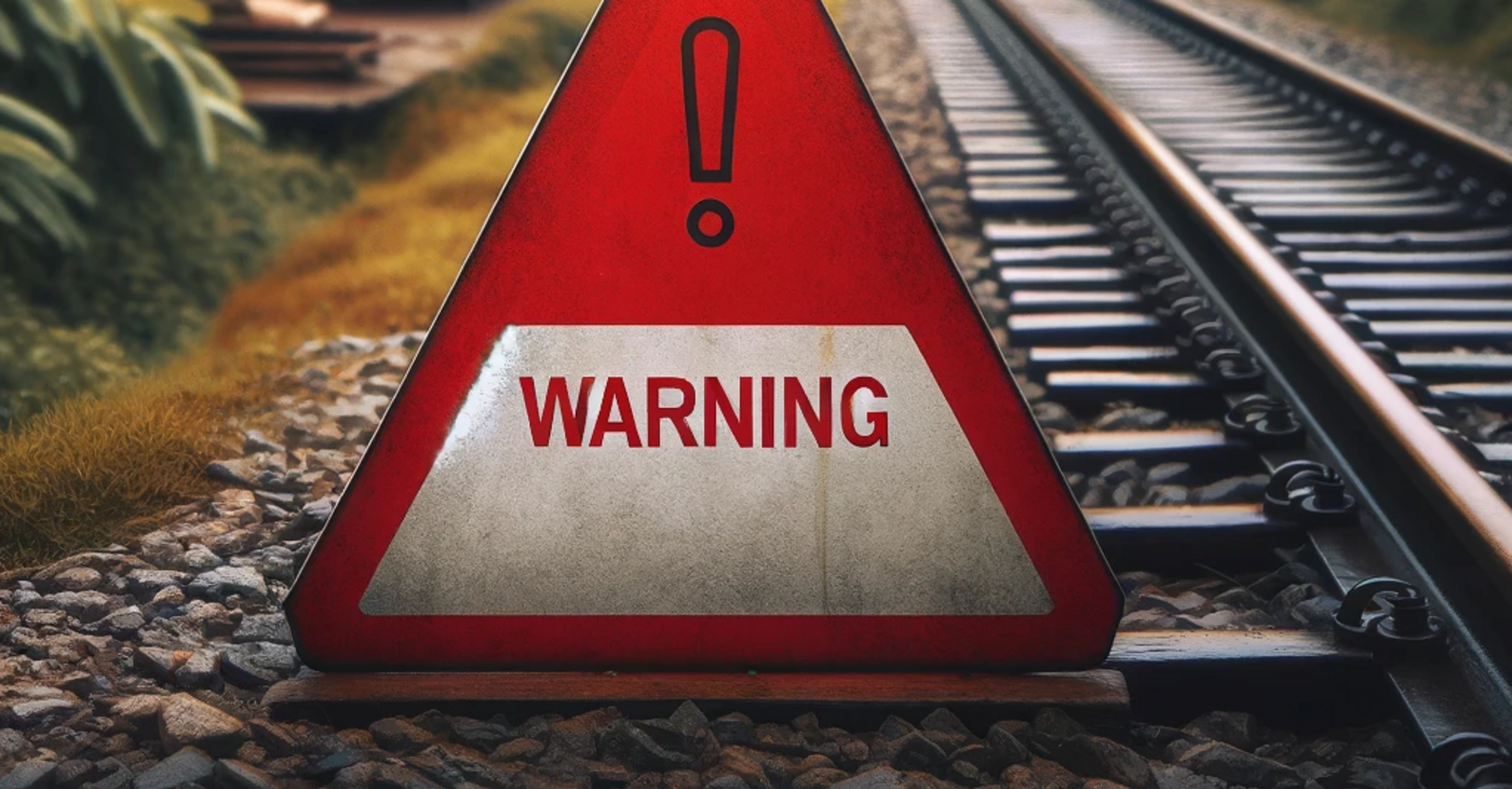 A railway track with a bold red "WARNING" sign near a peaceful village