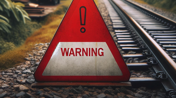 A railway track with a bold red "WARNING" sign near a peaceful village