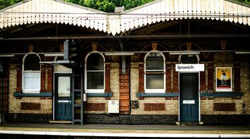 Ipswich railway station platform with historic brick architecture