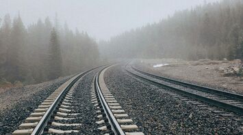 A foggy railway track curving through a forested area