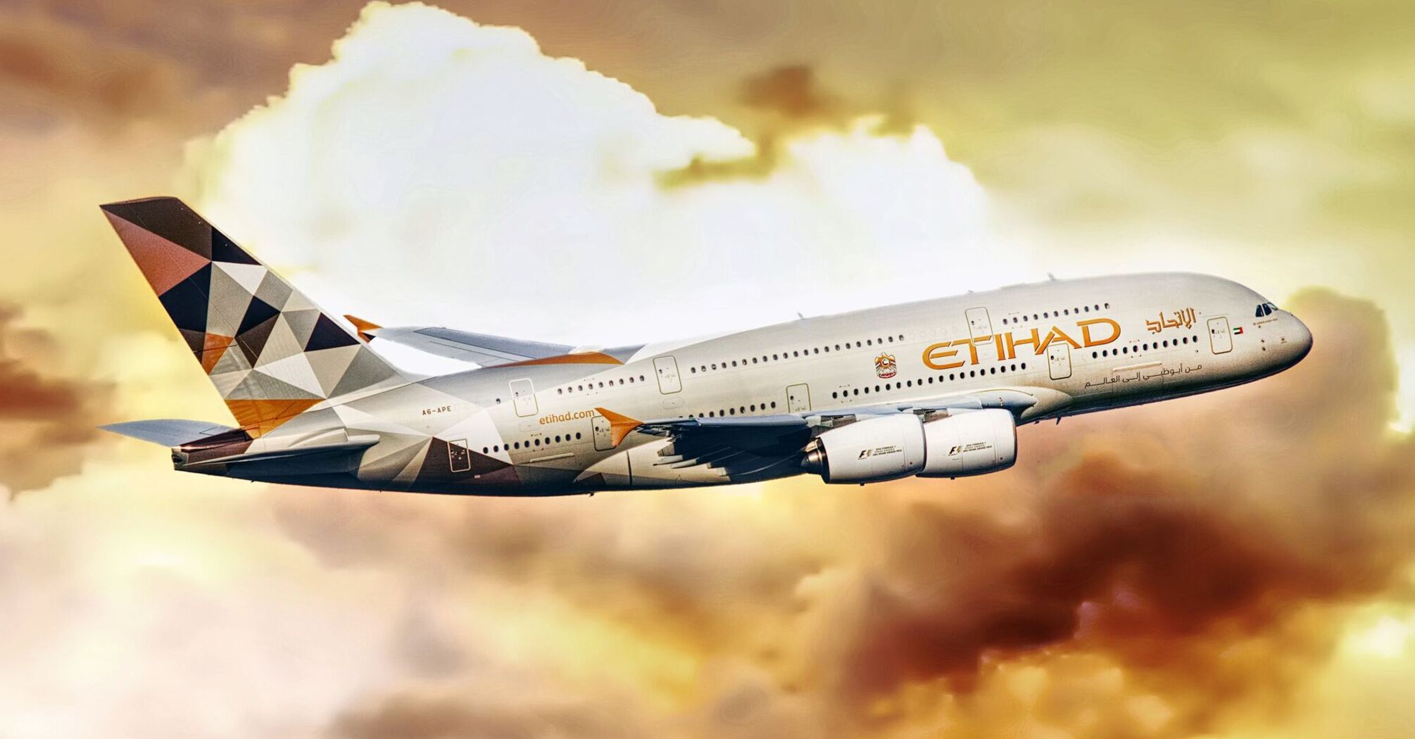 Etihad Airways Airbus A380 in flight during sunset