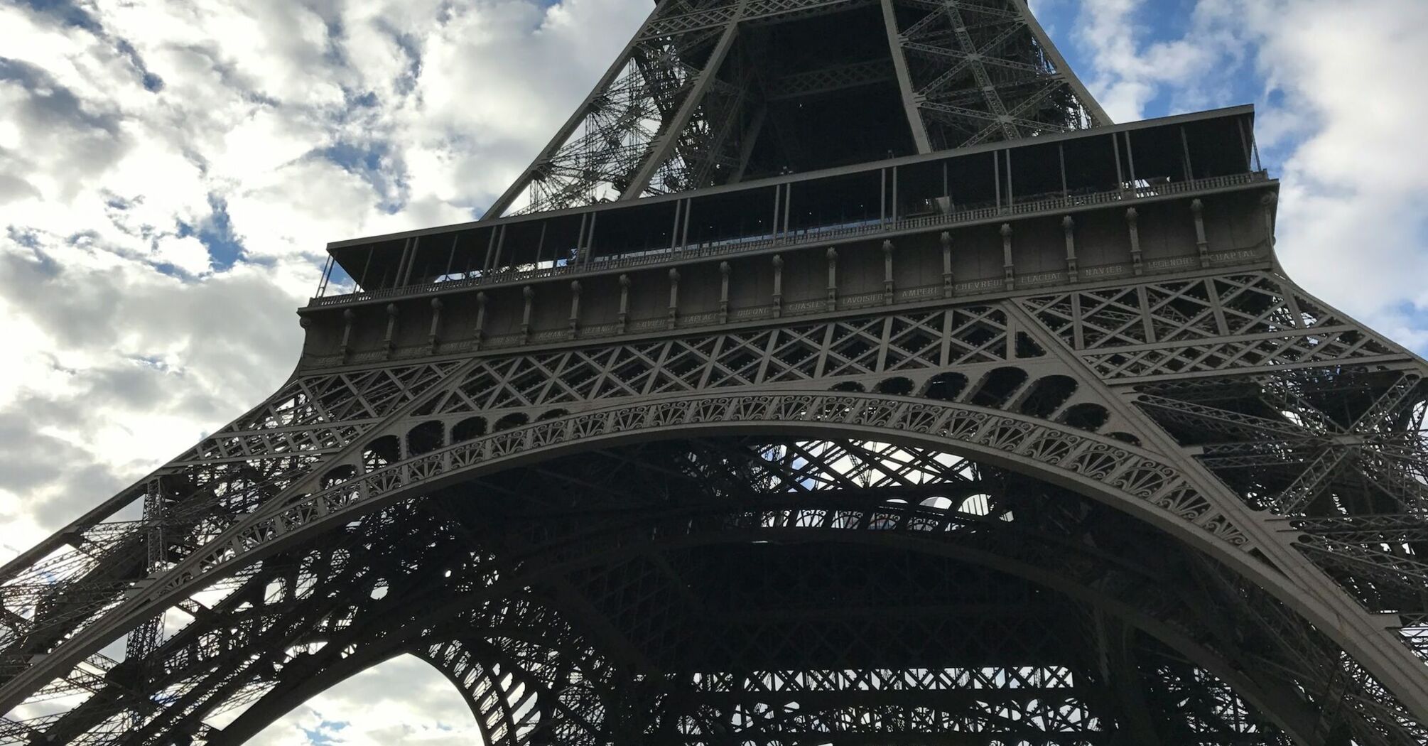 View of the Eiffel Tower from below on a cloudy day