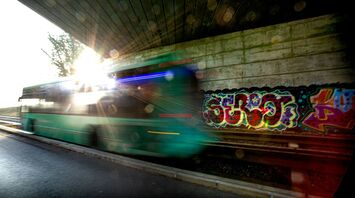 A green bus speeds under a graffiti-covered bridge with sunlight flaring in the background
