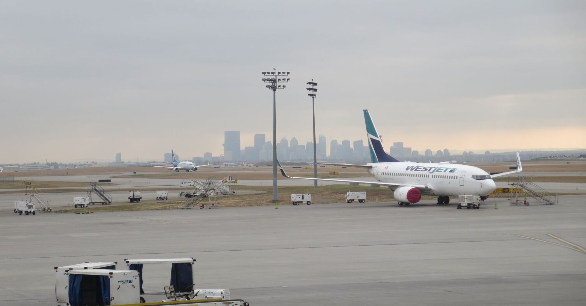 WestJet aircraft parked at Calgary airport after a severe hailstorm