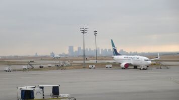WestJet aircraft parked at Calgary airport after a severe hailstorm