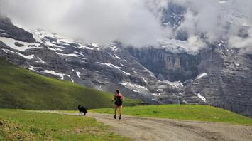 A hiker with a dog walking along a mountain trail with snow-capped peaks and clouds in the background