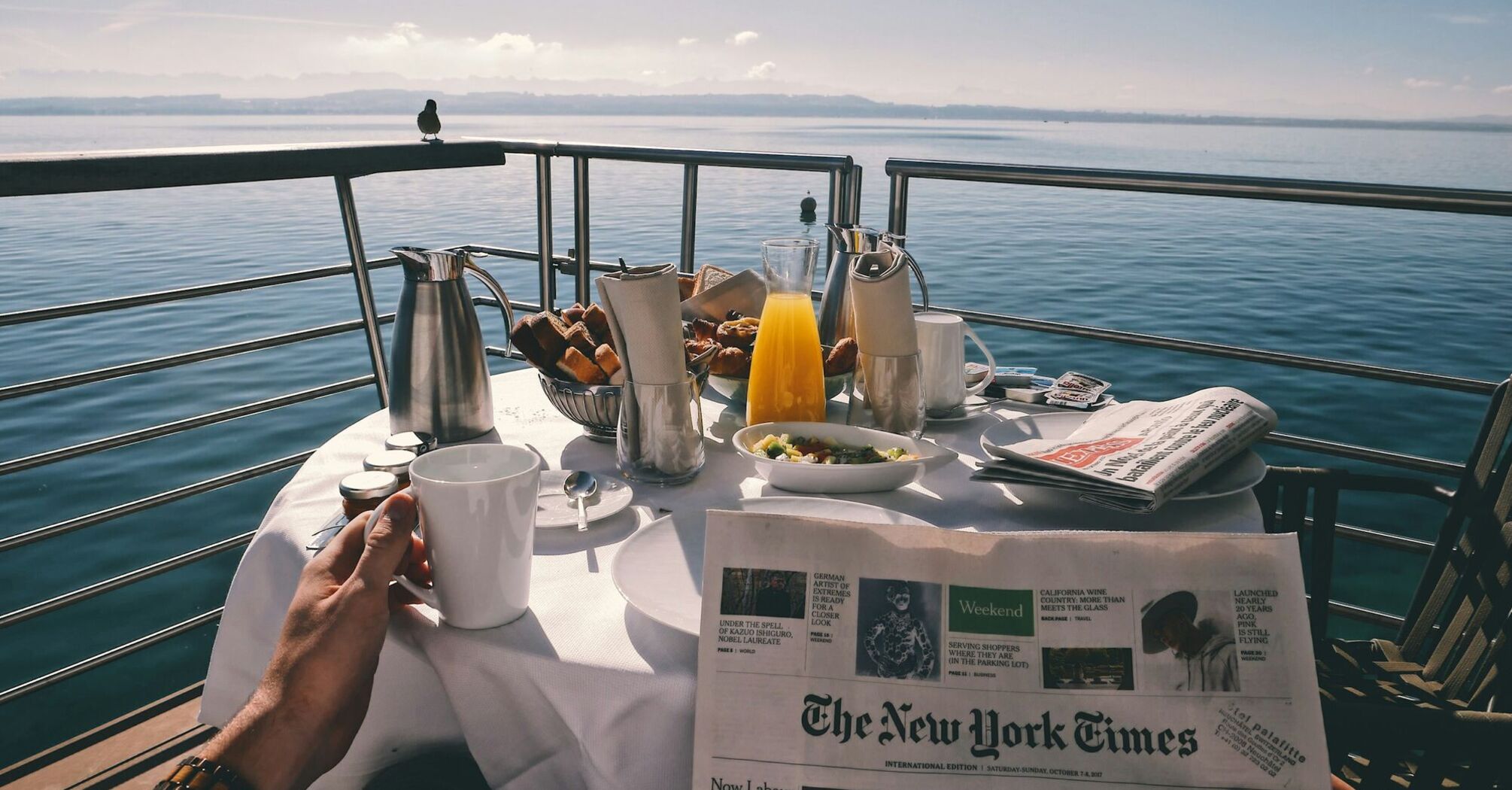 Breakfast on a cruise ship with a view of the ocean