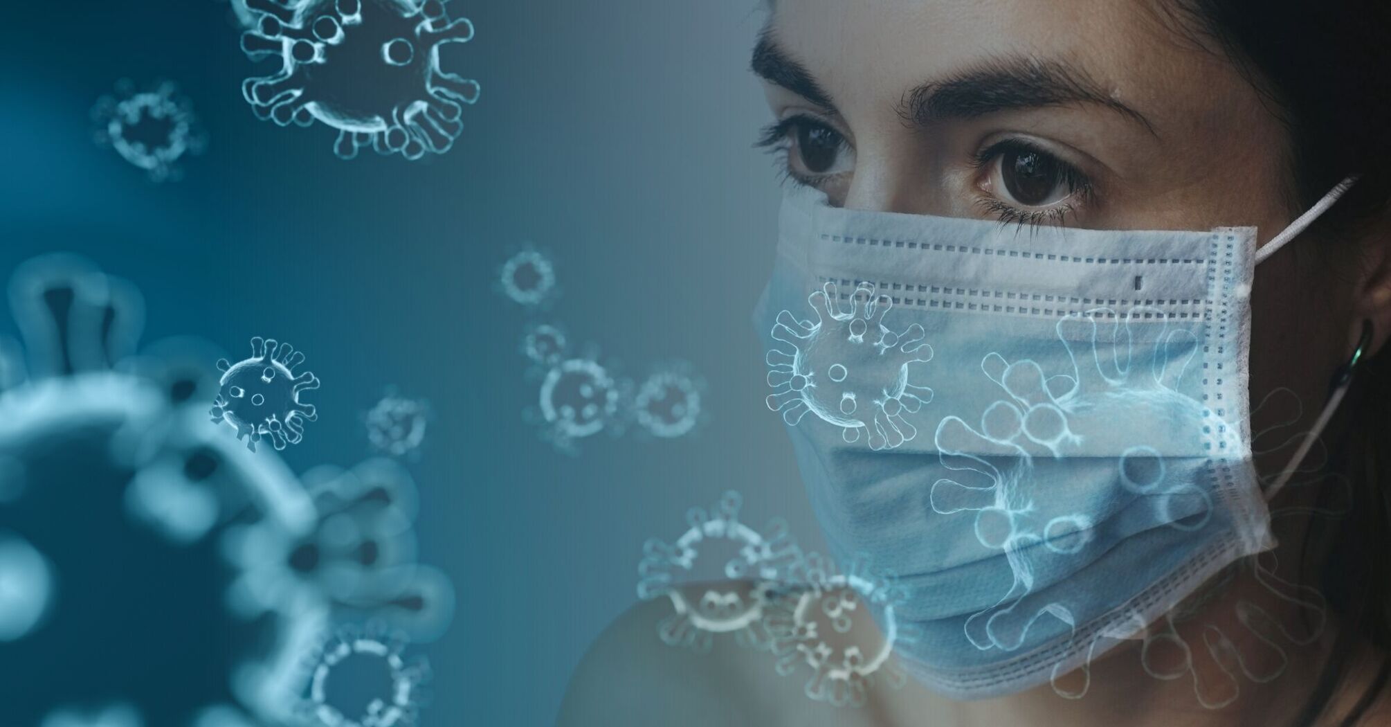 Woman wearing a mask surrounded by virus illustrations