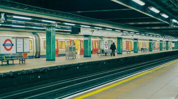 Empty platform at Moorgate London Underground station with a stationary train