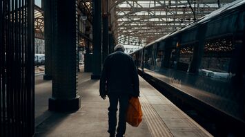 A person with a shopping bag walking along a train platform with a stationary ScotRail train in the background