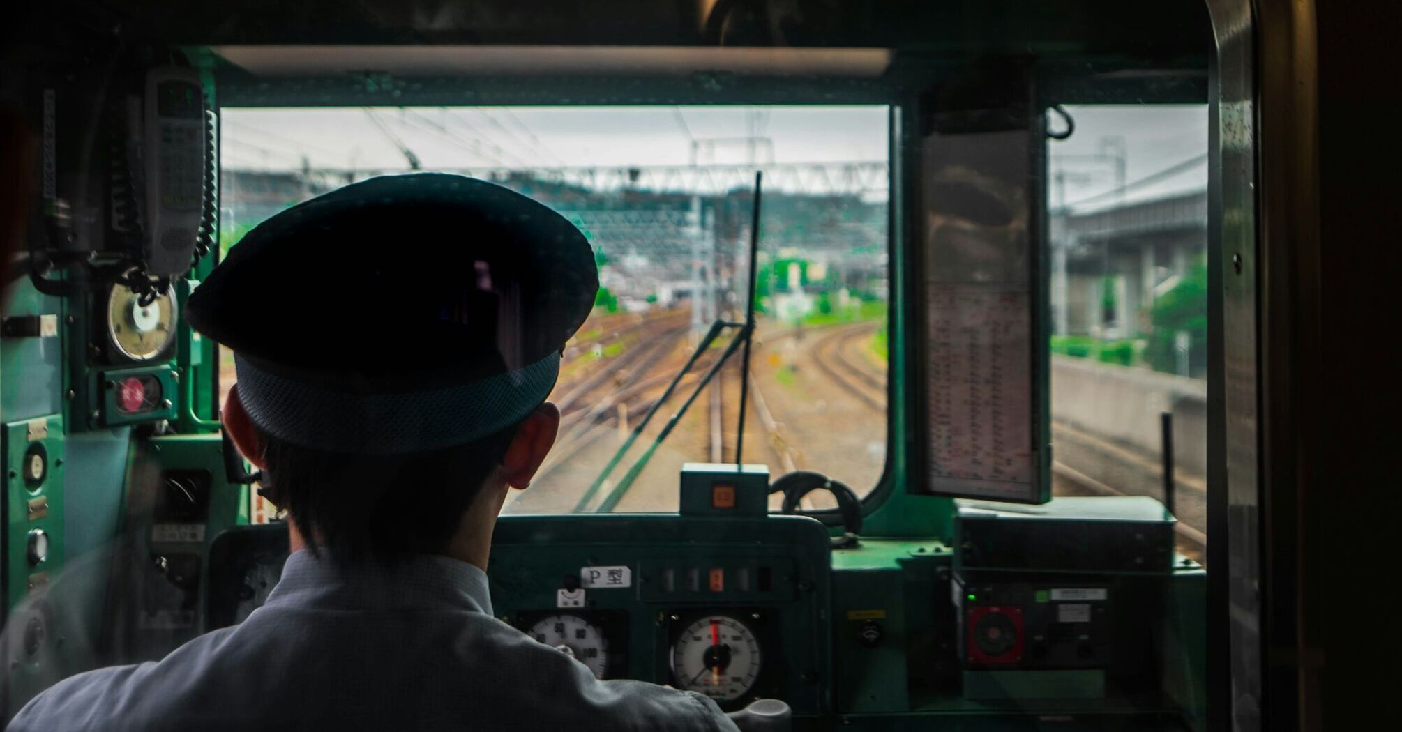 View from the train driver’s cockpit looking at railway tracks ahead