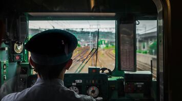 View from the train driver’s cockpit looking at railway tracks ahead