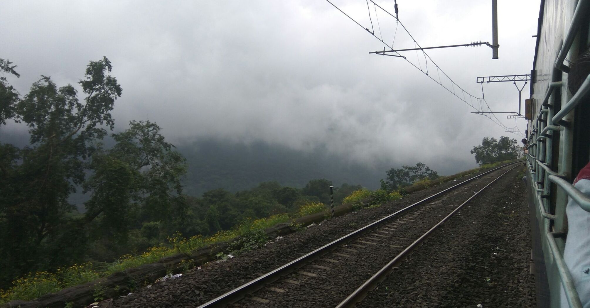 View from a train passing through misty, forested hills on a cloudy day