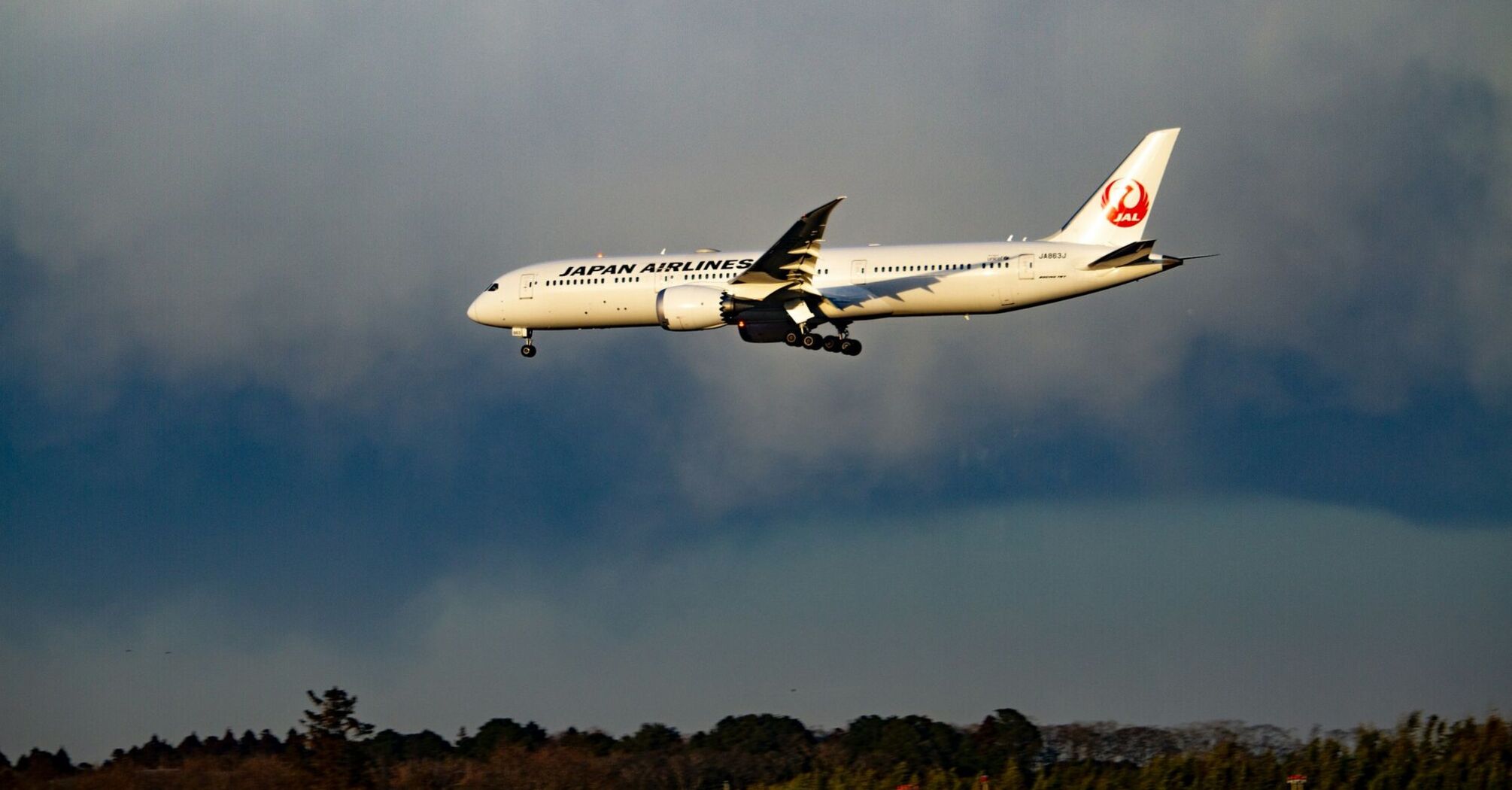 Japan Airlines plane in flight against a cloudy sky