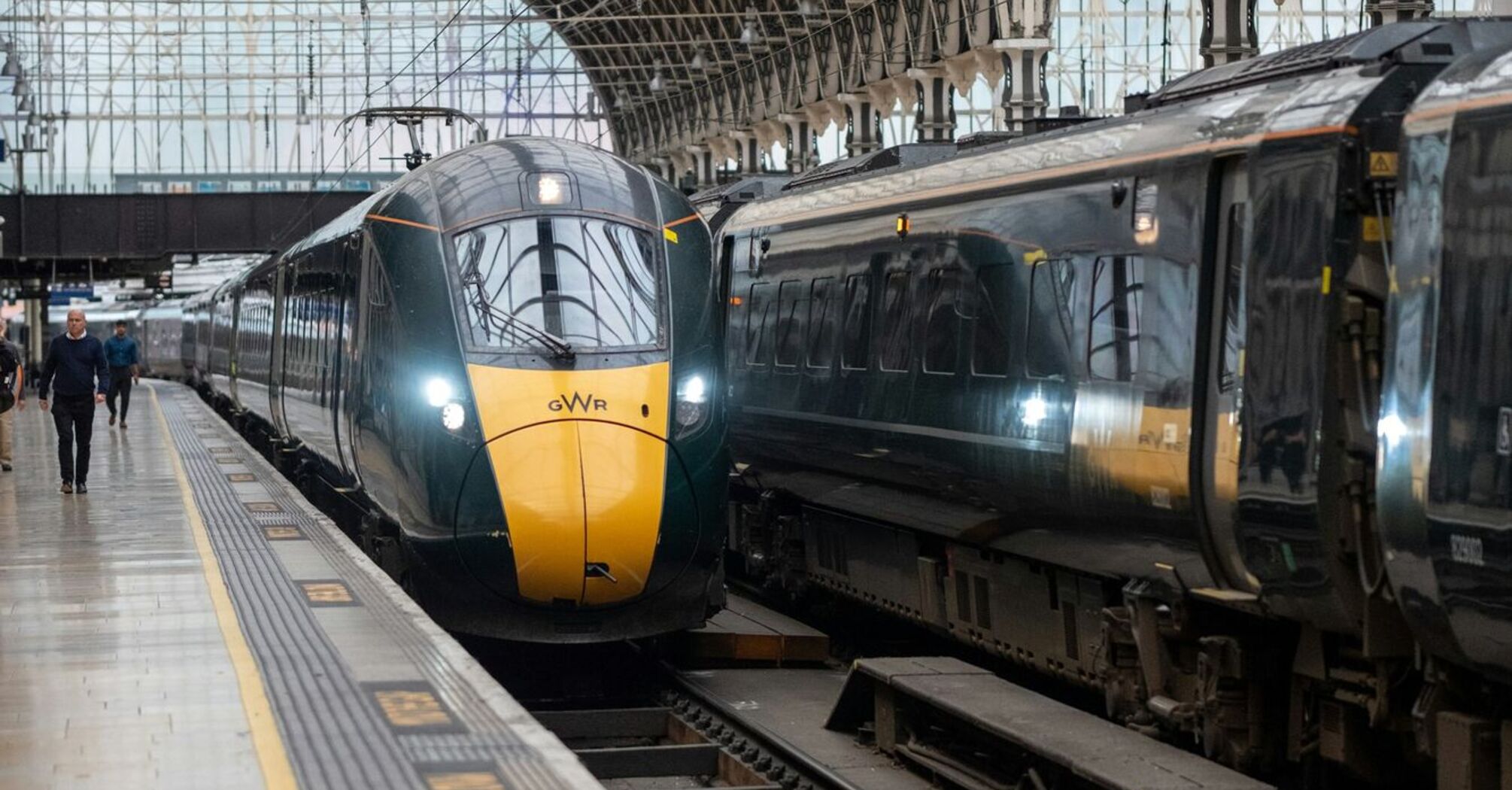 A Great Western Railway train at a station platform, ready for departure