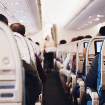 Passengers sitting in an airplane cabin