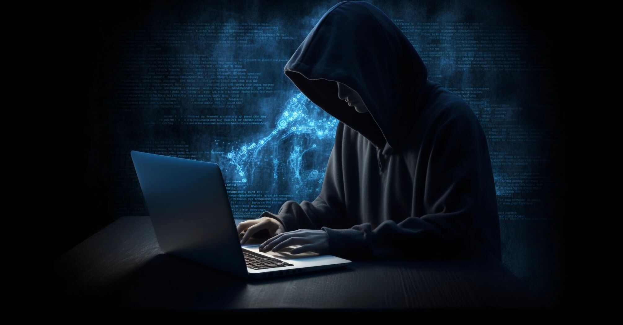 A person in a dark hoodie typing on a laptop, representing a hacker