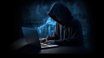 A person in a dark hoodie typing on a laptop, representing a hacker