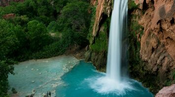 Scenic view of Havasu Falls cascading into a turquoise pool surrounded by towering red cliffs and lush greenery