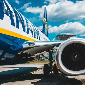 Close-up of a Ryanair airplane engine on the tarmac