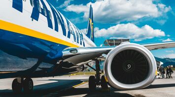 Close-up of a Ryanair airplane engine on the tarmac