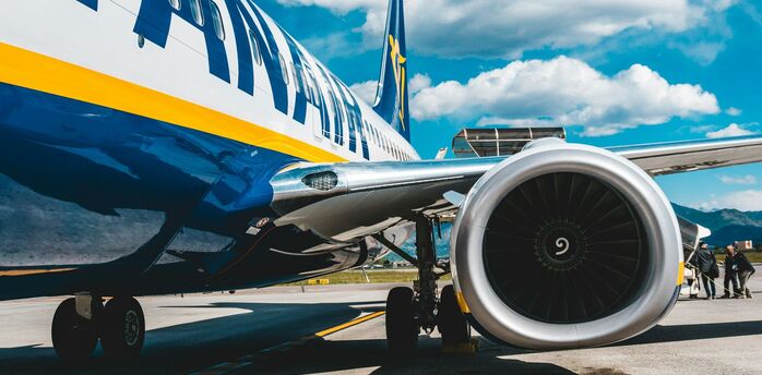 Close-up of a Ryanair airplane engine on the tarmac