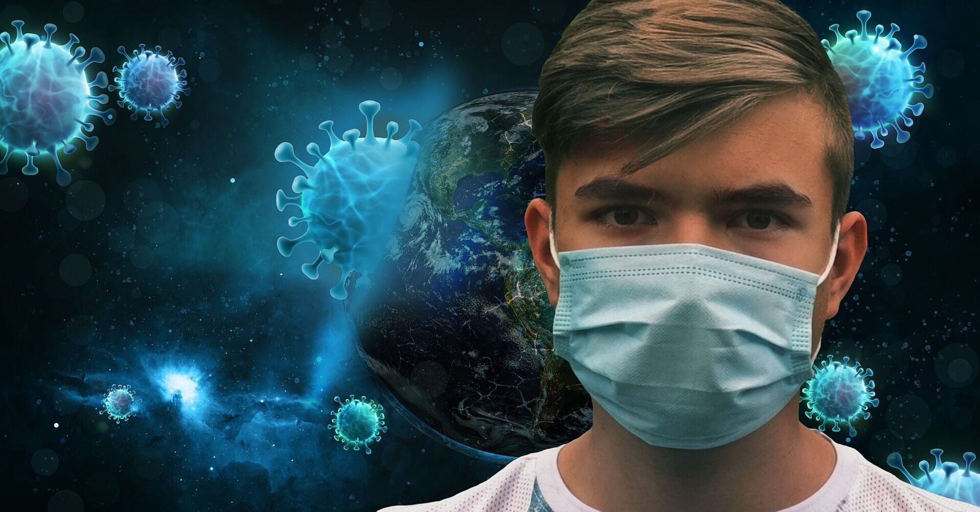 Person wearing a face mask with virus illustrations in the background