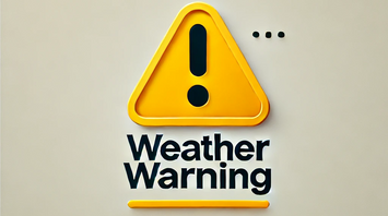 A minimalist yellow warning sign with an exclamation mark, and the text 'Weather Warning' below it