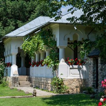 A beautiful traditional Romanian house with white walls, shingled roof, and vibrant red flowers in pots on the porch