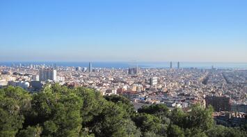 Panorama of Barcelona with Sagrada Familia and the sea