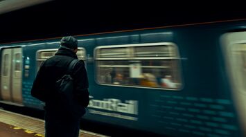 A person standing on a train platform, watching a passing ScotRail train