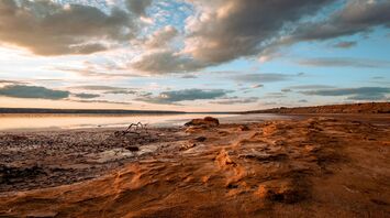 A dried-up lakeshore under a cloudy sky at sunset