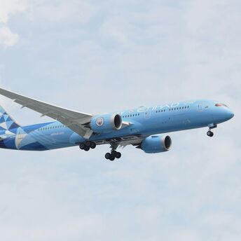 Etihad Airways Boeing 787 in blue livery flying in the sky