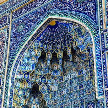 Intricate blue tilework detail at Gur-e-Amir Mausoleum