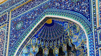 Intricate blue tilework detail at Gur-e-Amir Mausoleum