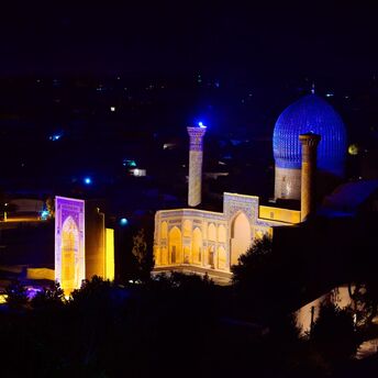 Night illumination of Gur-e-Amir Mausoleum in Samarkand
